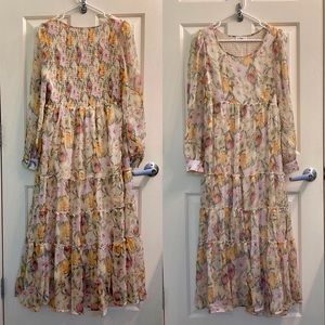 In Loom floral chiffon maxi dress long sleeves and smocked back. Size large.